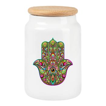 Hamsa Hand Trippy Psychedelic Art - Cookie Jar with Wooden Lid - white - Front