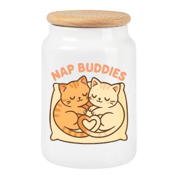 Süße Katzen Nap Buddies – Schlafen mit Herz - Keksdose mit Holzdeckel - Weiß - Vorne