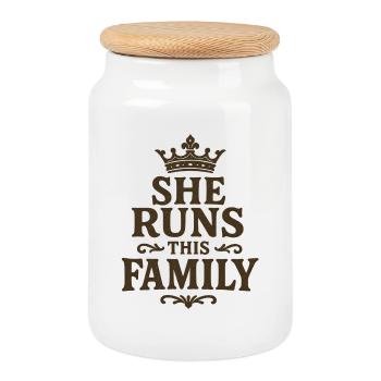 Queen of the Family – Vintage Crown Statement - Cookie Jar with Wooden Lid - white - Front