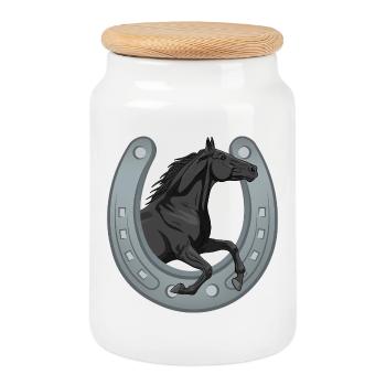 A galloping black Abaga horse that goes through a shoe - Cookie Jar with Wooden Lid - white - Front