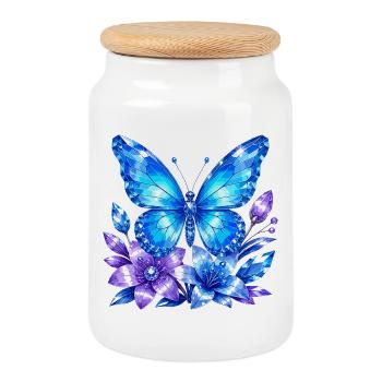 Blue butterfly with lavender flowers - Cookie Jar with Wooden Lid - white - Front