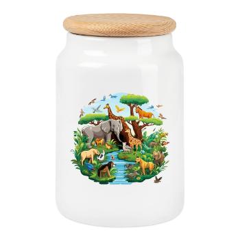 Jungle panorama of wildlife - Cookie Jar with Wooden Lid - white - Front