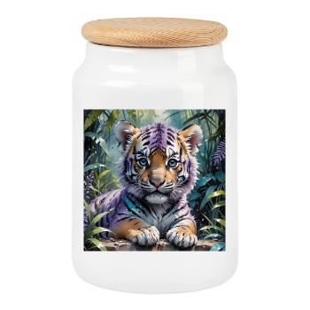 Colorful tiger cub in the jungle - Cookie Jar with Wooden Lid - white - Front