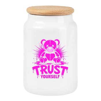 Fais-toi confiance, ours en peluche rose audacieux - Boîte à biscuits avec couvercle en bois - blanc - Devant