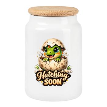 Cute Baby Dinosaur - Hatching Soon Dino - Cookie Jar with Wooden Lid - white - Front