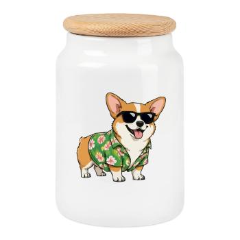 Corgi im Hawaii-Hemd mit Sonnenbrille - Keksdose mit Holzdeckel - Weiß - Vorne
