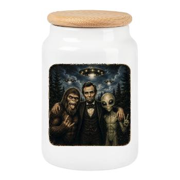 Bigfoot Lincoln Alien Selfie - Retro UFO - Cookie Jar with Wooden Lid - white - Front