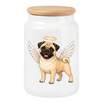 Cute Pug Angel Cartoon Dog Friends Animals - Cookie Jar with Wooden Lid - white - Front