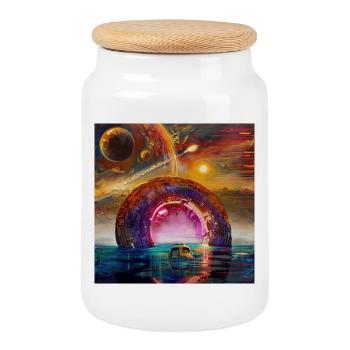 Neon Circular Portal on Horizon - Cookie Jar with Wooden Lid - white - Front