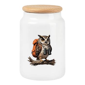 Exploratory Owl and Hiking Bag - Cookie Jar with Wooden Lid - white - Front