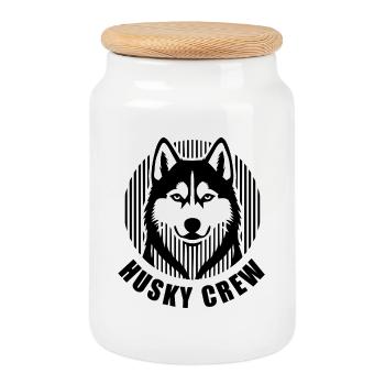 Husky Crew – Minimalist linear silhouette Hund - Keksdose mit Holzdeckel - Weiß - Vorne