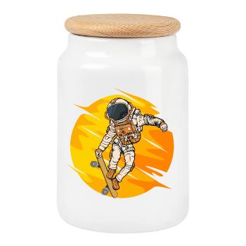 Astronaut Skateboard Sprung - Keksdose mit Holzdeckel - Weiß - Vorne
