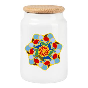 Bunte, florale Mandala Blau, Grün, Gelb, Gelb - Keksdose mit Holzdeckel - Weiß - Vorne