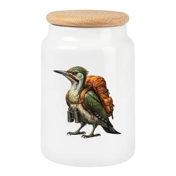 Vintage Explorer Green Woodpecker - Cookie Jar with Wooden Lid - white - Front