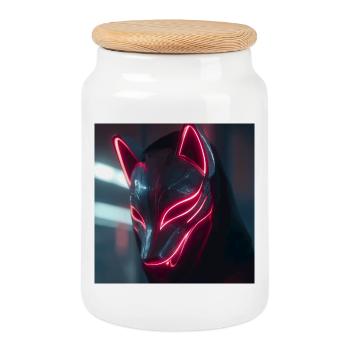 Neon Fox Mask with Glow Edges - Cookie Jar with Wooden Lid - white - Front