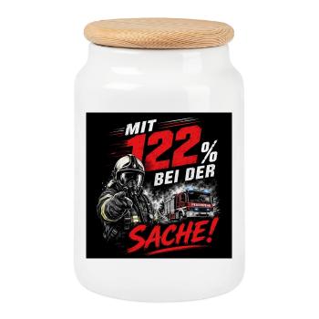 Mit 122% bei der Sache - Feuerwehr - Keksdose mit Holzdeckel - Weiß - Vorne