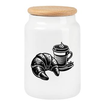 Coffee and Croissant - Cookie Jar with Wooden Lid - white - Front