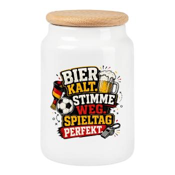 Bier kalt Stimme weg Spieltag perfekt Fussball - Keksdose mit Holzdeckel - Weiß - Vorne