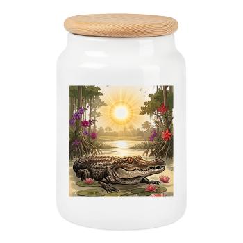 Vintage Florida Gator & Exotic Swamp Flower Nature - Cookie Jar with Wooden Lid - white - Front