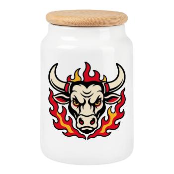 Bull's head in flames tattoo style - Cookie Jar with Wooden Lid - white - Front