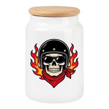 Vintage biker skull helmet and red bandana - Cookie Jar with Wooden Lid - white - Front