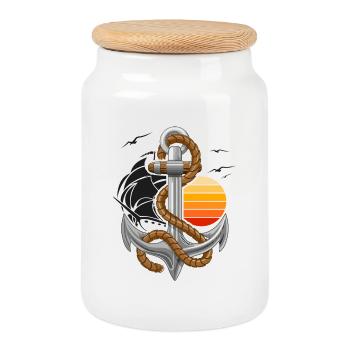 Nautical Anchor with Ship and Sunset - Cookie Jar with Wooden Lid - white - Front