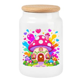 Magie de la Maison Champignon Colorée - Boîte à biscuits avec couvercle en bois - blanc - Devant