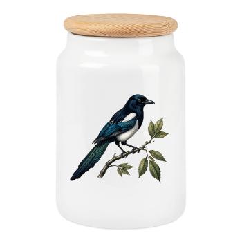 Elster "Pica pica" — ornithologische Gravur - Keksdose mit Holzdeckel - Weiß - Vorne