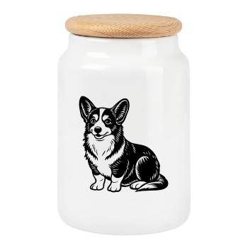 Corgi sitting - Cookie Jar with Wooden Lid - white - Front