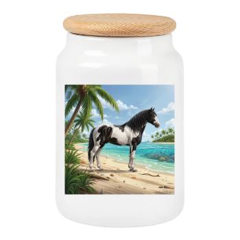 An Abaco Barbe horse and a Bahamian landscape - Cookie Jar with Wooden Lid - white - Front