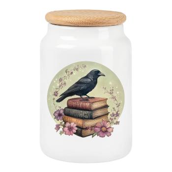 Raven on stack of books - Cookie Jar with Wooden Lid - white - Front