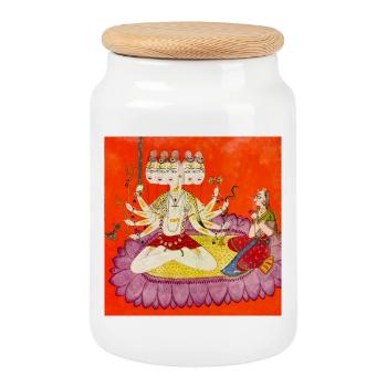 Durga on Lotus Flower - Cookie Jar with Wooden Lid - white - Front