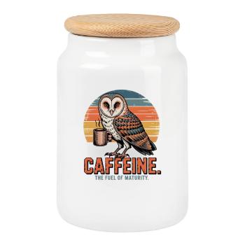 Hibou avec café, dicton rétro au coucher de soleil caféine - Boîte à biscuits avec couvercle en bois - blanc - Devant