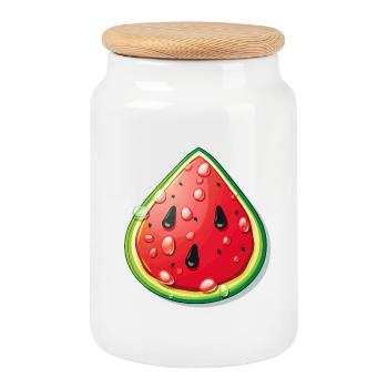 Watermelon Slice Cartoon - Cookie Jar with Wooden Lid - white - Front