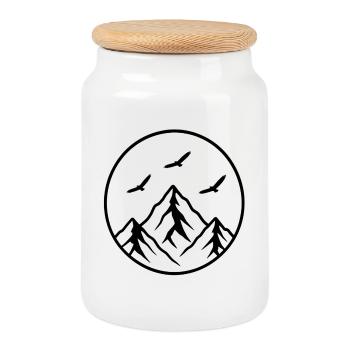 Sommet de la silhouette de Circle Mountain avec des oiseaux - Boîte à biscuits avec couvercle en bois - blanc - Devant