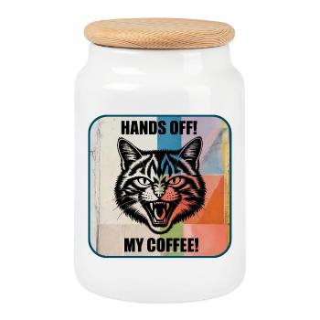 Hands Off Coffee – Angry Cat - Cookie Jar with Wooden Lid - white - Front