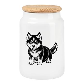CUTE HUSKY Puppy - Cookie Jar with Wooden Lid - white - Front
