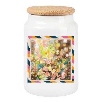 Watercolor Floral Wealth - Cookie Jar with Wooden Lid - white - Front