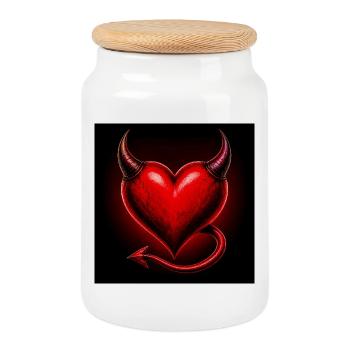 Fiery Heart with Horns and Tail - Cookie Jar with Wooden Lid - white - Front