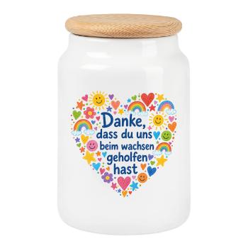 Danke das du uns beim Wachsen geholfen hast! - Keksdose mit Holzdeckel - Weiß - Vorne