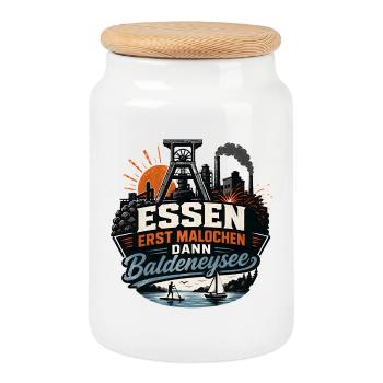Stadt Essen: Erst Malochen, dann Baldeneysee - Keksdose mit Holzdeckel - Weiß - Vorne
