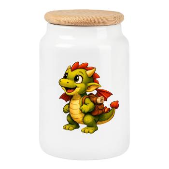 Petit Dragon avec sac à dos - Boîte à biscuits avec couvercle en bois - blanc - Devant