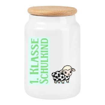 Football scolaire - Moutons inscrits à l’école - Boîte à biscuits avec couvercle en bois - blanc - Devant
