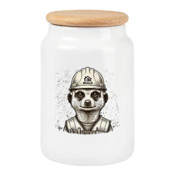 Cool Construction Worker Meerkat Vintage Style - Cookie Jar with Wooden Lid - white - Front