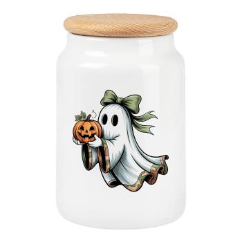 Halloween Ghost Pumpkin - Cookie Jar with Wooden Lid - white - Front