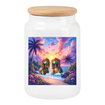 Tropical turtles at sunset - Cookie Jar with Wooden Lid - white - Front