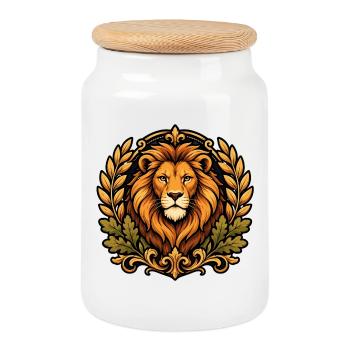 Royal lion head gilt ornament - Cookie Jar with Wooden Lid - white - Front