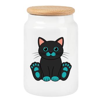 Schwarze Cartoon Katze Türkis Pfoten Augen - Keksdose mit Holzdeckel - Weiß - Vorne