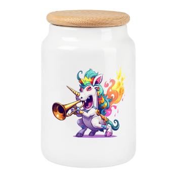 Sparkling unicorn trumpeter in the fire - Cookie Jar with Wooden Lid - white - Front