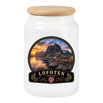 Lofoten Norway Reine Rorbu Port City Fjord - Cookie Jar with Wooden Lid - white - Front